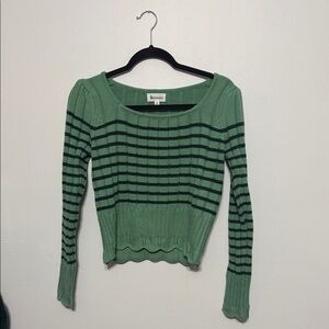 &Merci Green and Navy Striped Sweater with crochet scalloped hem